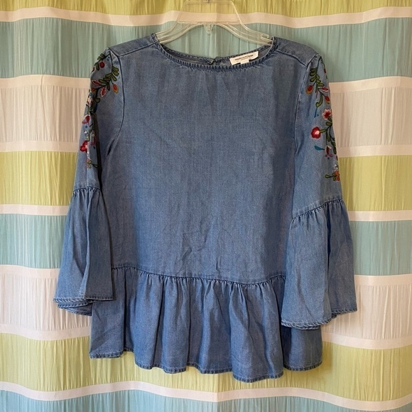 Beachlunchlounge chambray embroidered Peplum Blouse Sz XS - Picture 8 of 8